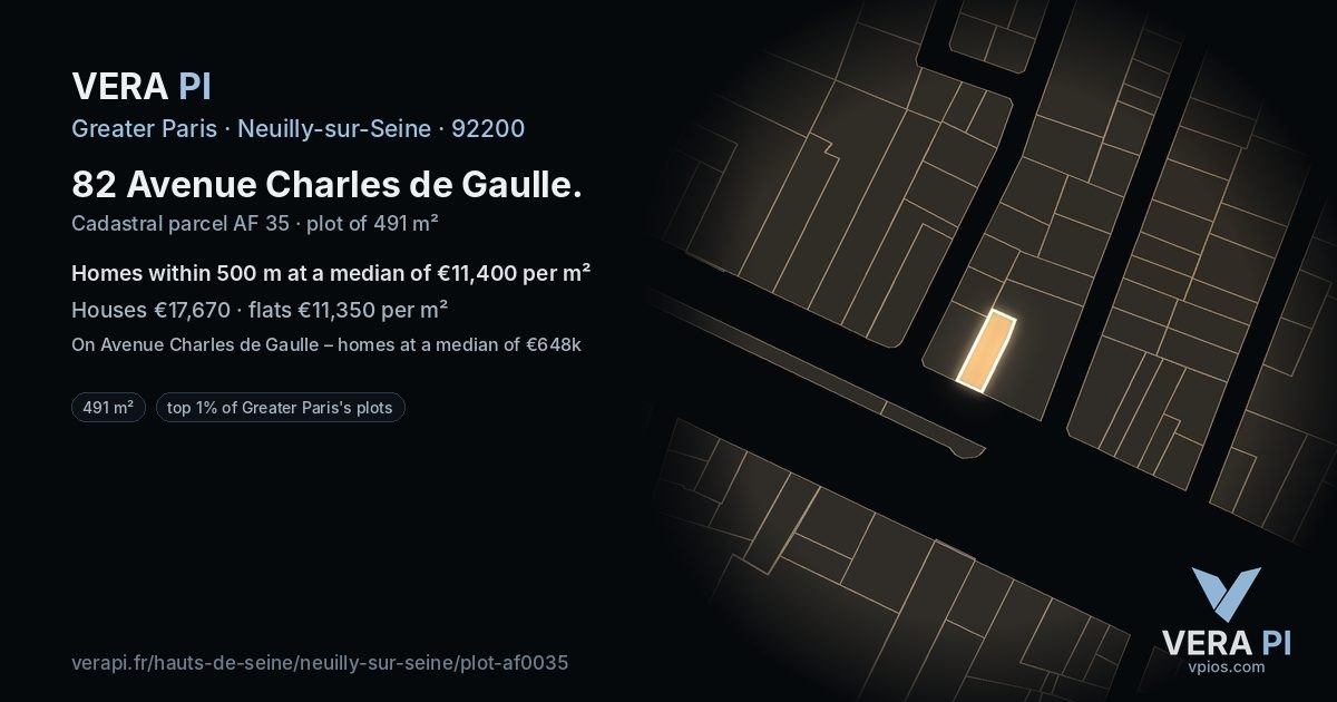 82 Avenue Charles de Gaulle, Neuilly-sur-Seine at night – the plot lit, the parcels around coloured by the prices near them