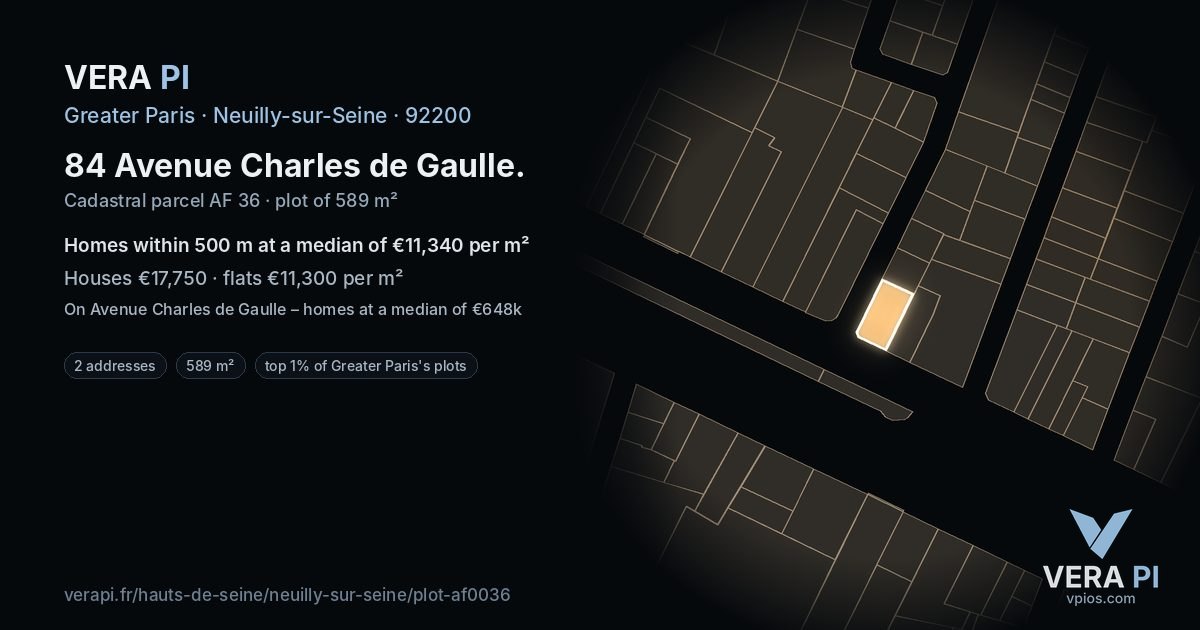 84 Avenue Charles de Gaulle, Neuilly-sur-Seine at night – the plot lit, the parcels around coloured by the prices near them