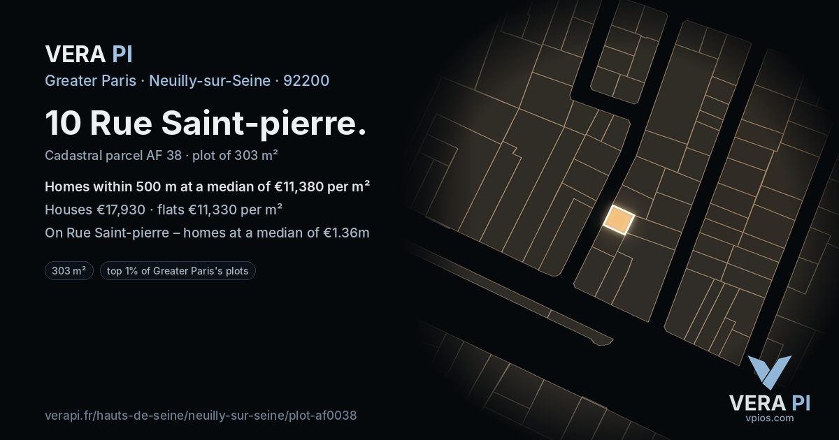 10 Rue Saint-pierre, Neuilly-sur-Seine at night – the plot lit, the parcels around coloured by the prices near them