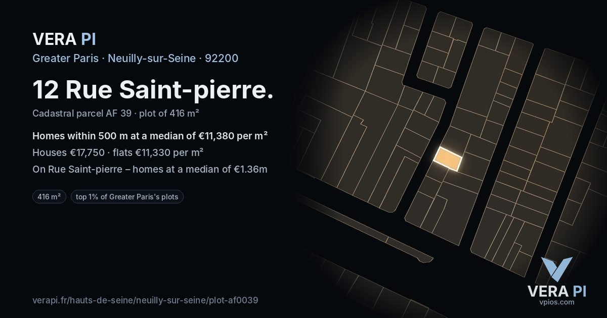 12 Rue Saint-pierre, Neuilly-sur-Seine at night – the plot lit, the parcels around coloured by the prices near them