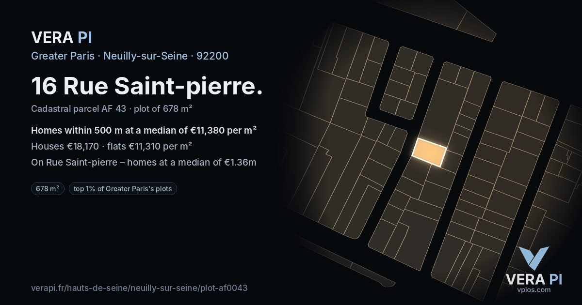 16 Rue Saint-pierre, Neuilly-sur-Seine at night – the plot lit, the parcels around coloured by the prices near them