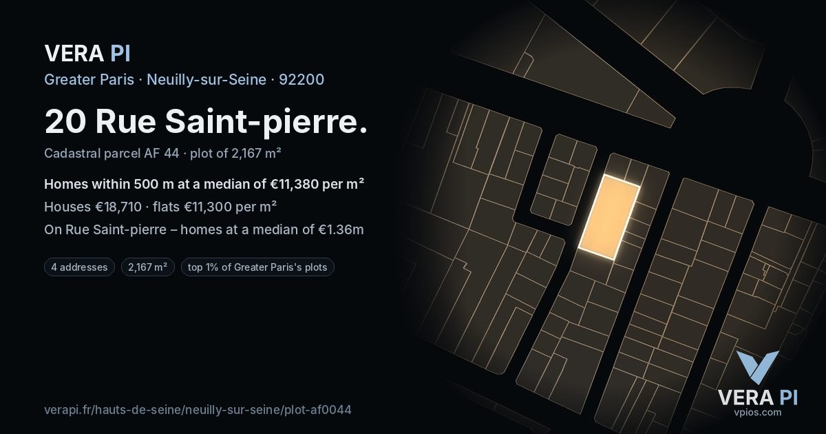 20 Rue Saint-pierre, Neuilly-sur-Seine at night – the plot lit, the parcels around coloured by the prices near them
