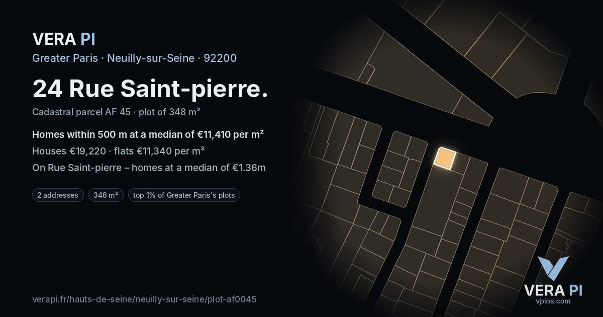 24 Rue Saint-pierre, Neuilly-sur-Seine at night – the plot lit, the parcels around coloured by the prices near them