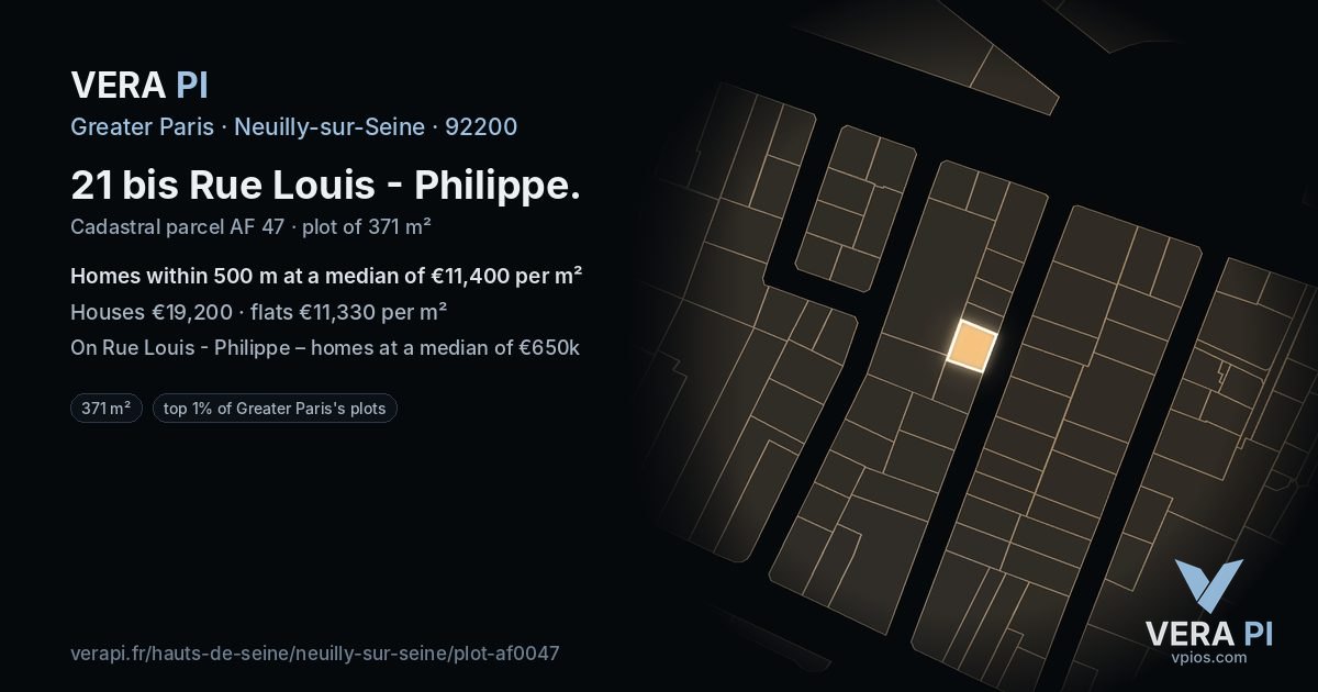 21 bis Rue Louis - Philippe, Neuilly-sur-Seine at night – the plot lit, the parcels around coloured by the prices near them