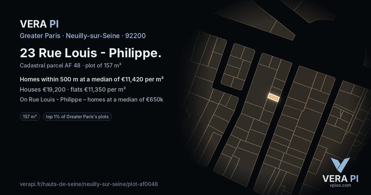 23 Rue Louis - Philippe, Neuilly-sur-Seine at night – the plot lit, the parcels around coloured by the prices near them