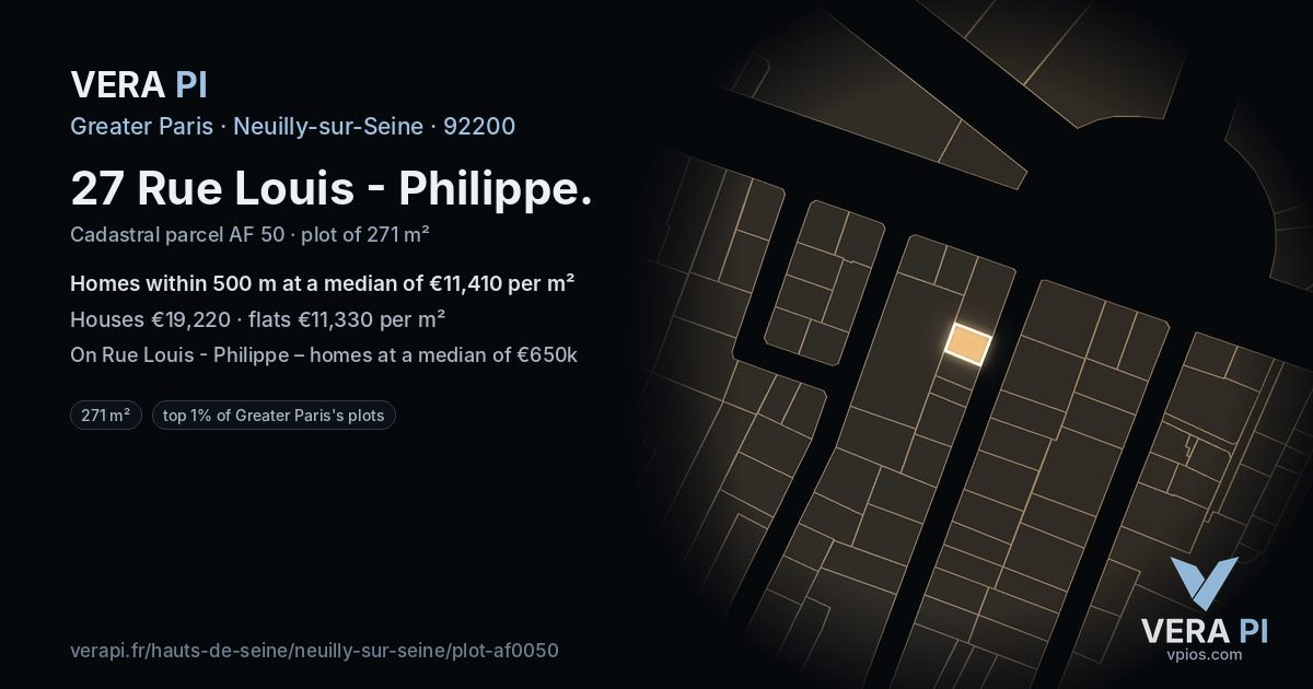 27 Rue Louis - Philippe, Neuilly-sur-Seine at night – the plot lit, the parcels around coloured by the prices near them