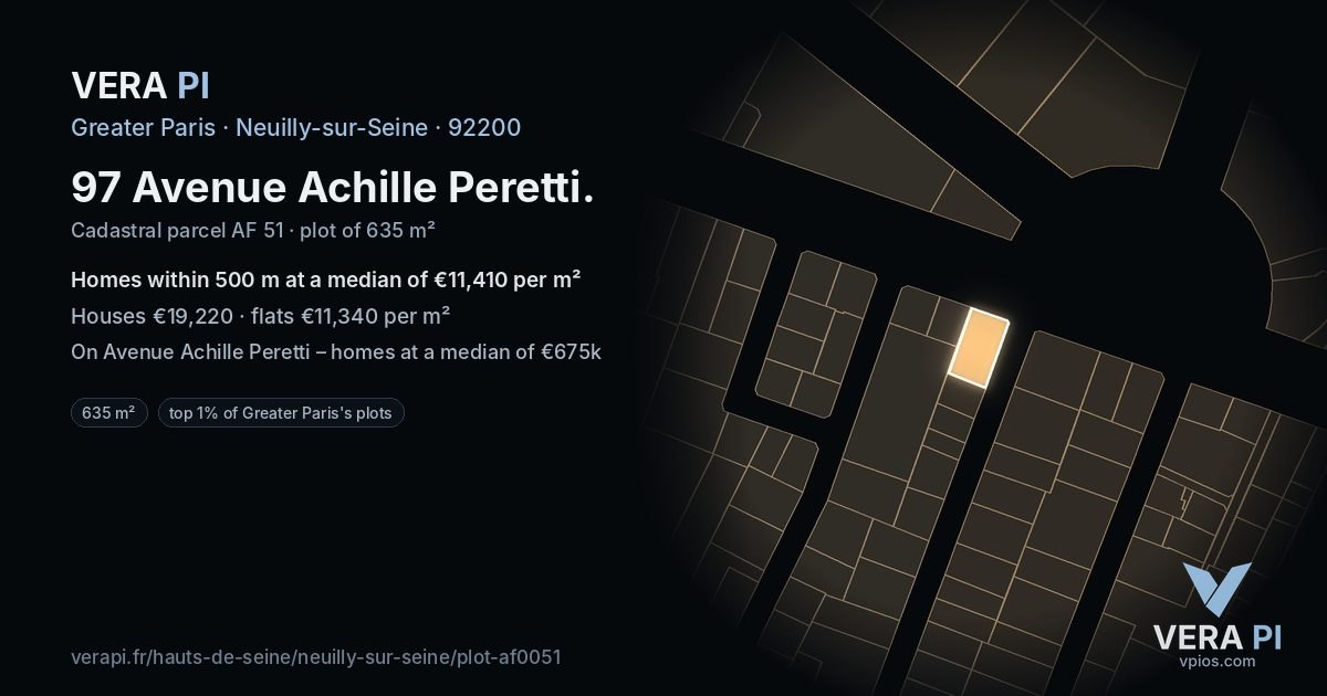 97 Avenue Achille Peretti, Neuilly-sur-Seine at night – the plot lit, the parcels around coloured by the prices near them