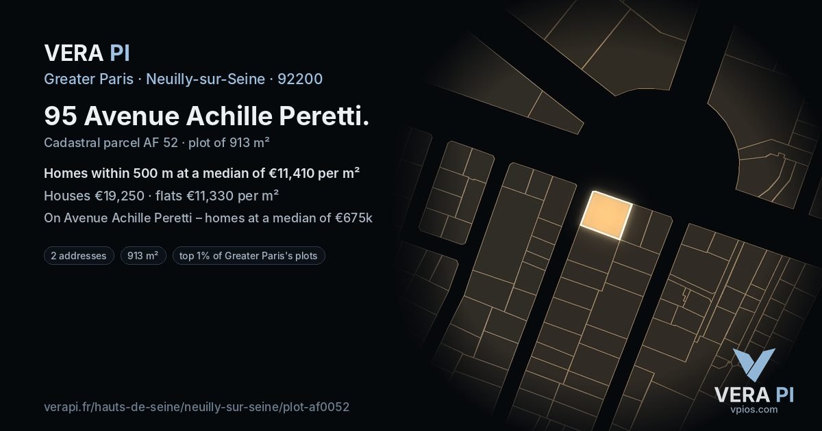95 Avenue Achille Peretti, Neuilly-sur-Seine at night – the plot lit, the parcels around coloured by the prices near them