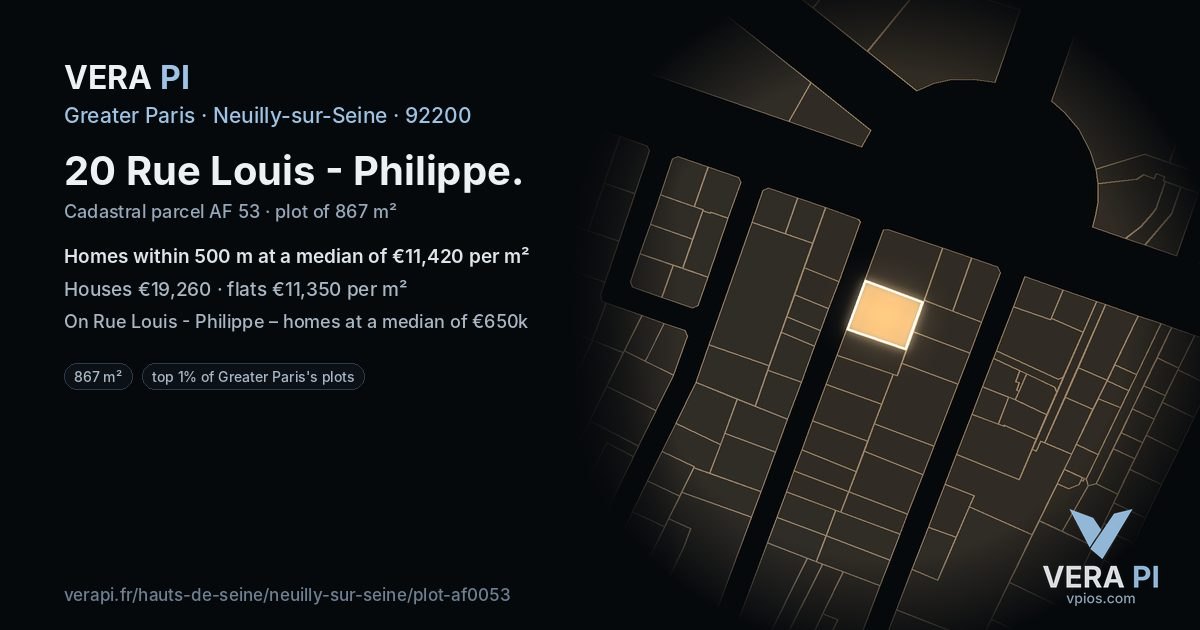 20 Rue Louis - Philippe, Neuilly-sur-Seine at night – the plot lit, the parcels around coloured by the prices near them