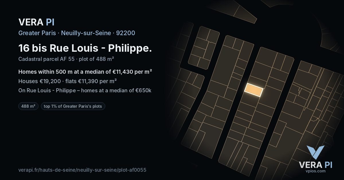 16 bis Rue Louis - Philippe, Neuilly-sur-Seine at night – the plot lit, the parcels around coloured by the prices near them