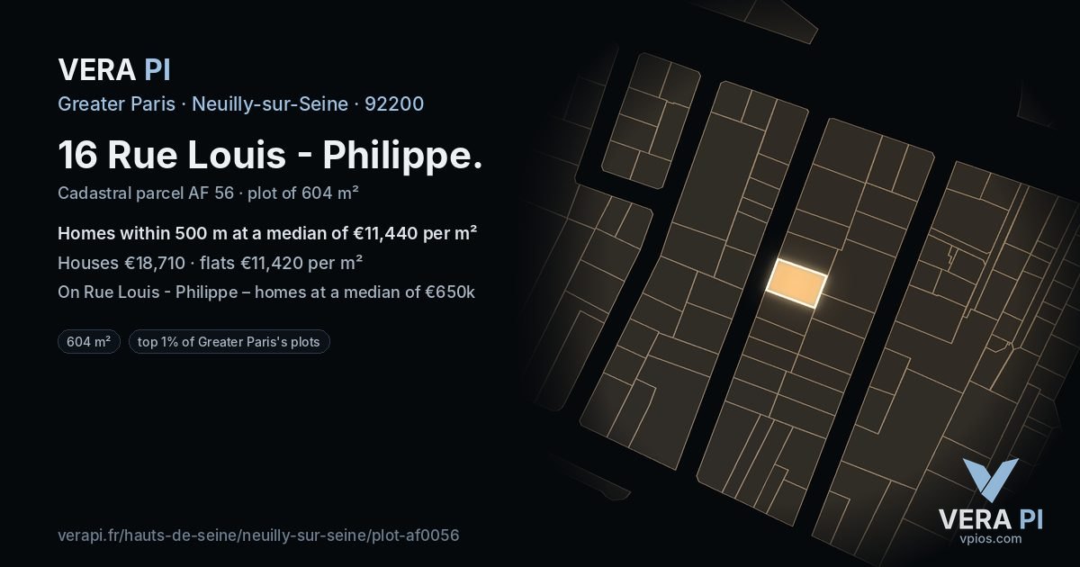 16 Rue Louis - Philippe, Neuilly-sur-Seine at night – the plot lit, the parcels around coloured by the prices near them
