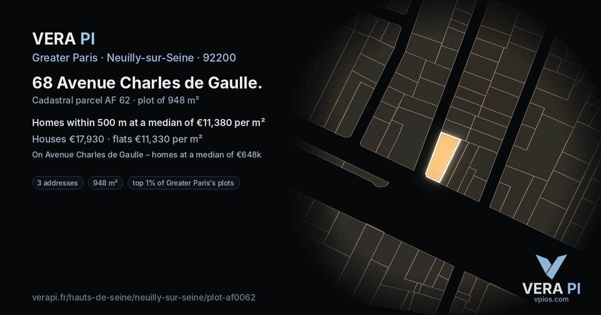 68 Avenue Charles de Gaulle, Neuilly-sur-Seine at night – the plot lit, the parcels around coloured by the prices near them