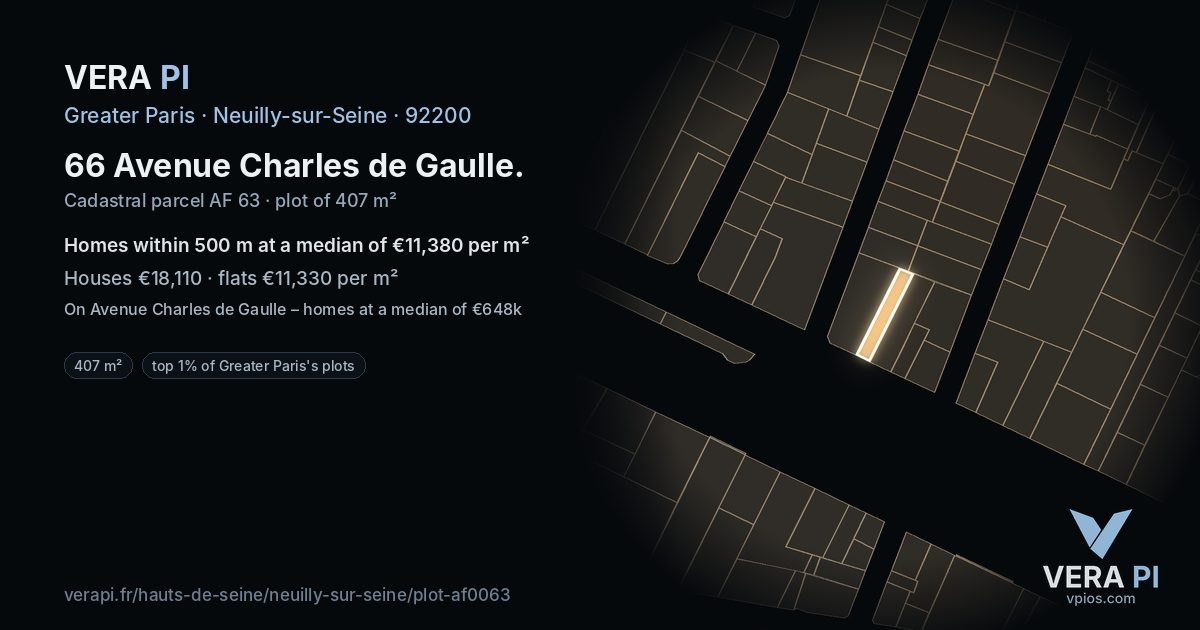 66 Avenue Charles de Gaulle, Neuilly-sur-Seine at night – the plot lit, the parcels around coloured by the prices near them