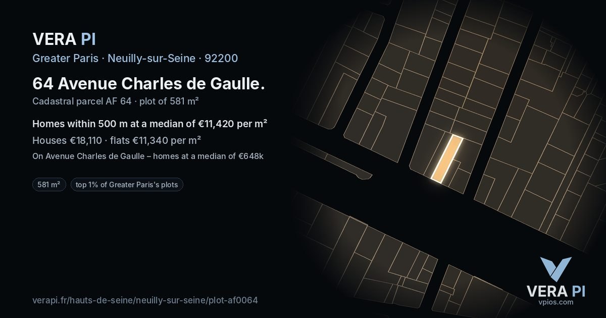 64 Avenue Charles de Gaulle, Neuilly-sur-Seine at night – the plot lit, the parcels around coloured by the prices near them