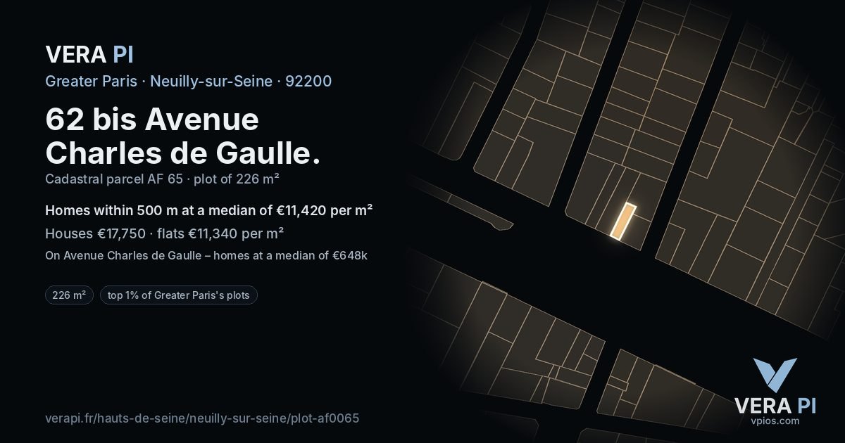 62 bis Avenue Charles de Gaulle, Neuilly-sur-Seine at night – the plot lit, the parcels around coloured by the prices near them