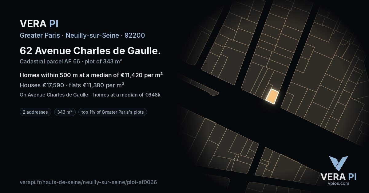 62 Avenue Charles de Gaulle, Neuilly-sur-Seine at night – the plot lit, the parcels around coloured by the prices near them