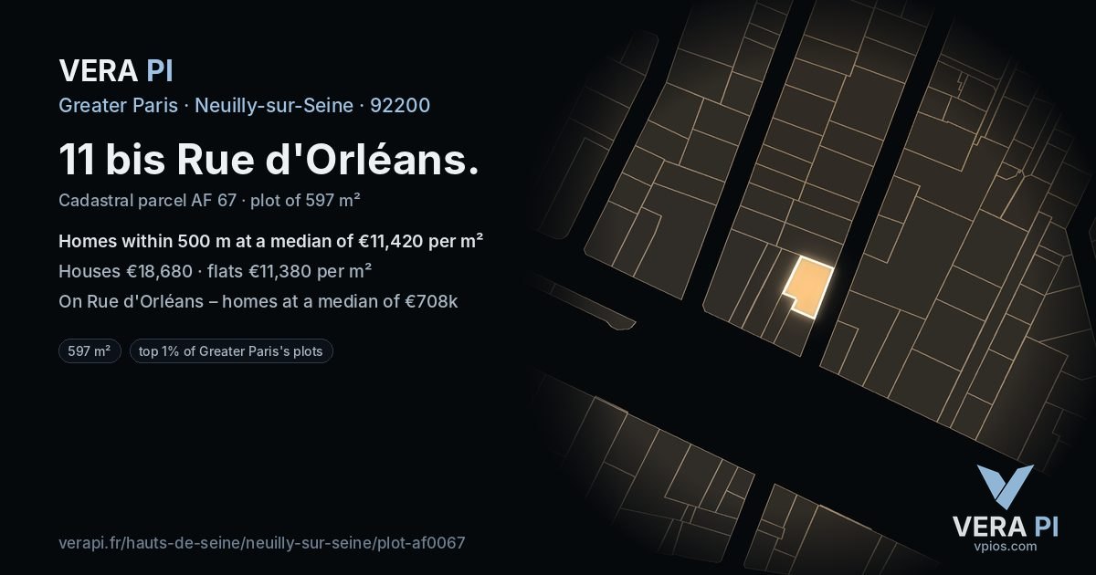 11 bis Rue d'Orléans, Neuilly-sur-Seine at night – the plot lit, the parcels around coloured by the prices near them