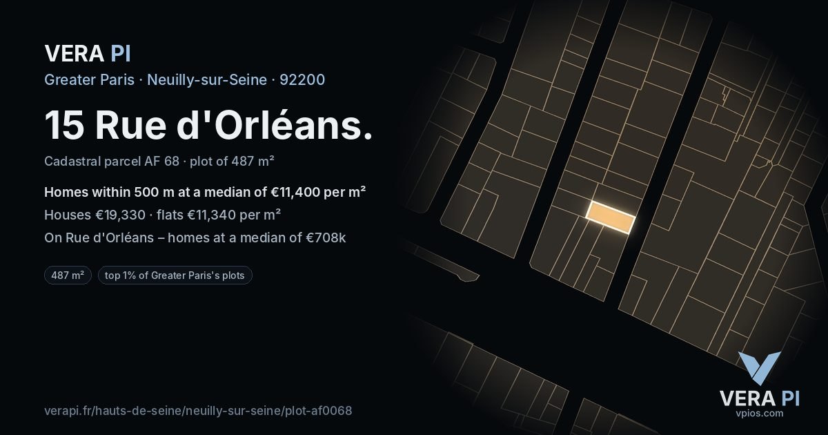 15 Rue d'Orléans, Neuilly-sur-Seine at night – the plot lit, the parcels around coloured by the prices near them