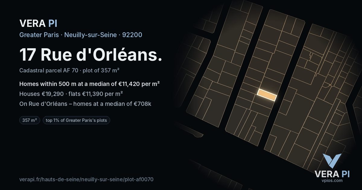 17 Rue d'Orléans, Neuilly-sur-Seine at night – the plot lit, the parcels around coloured by the prices near them