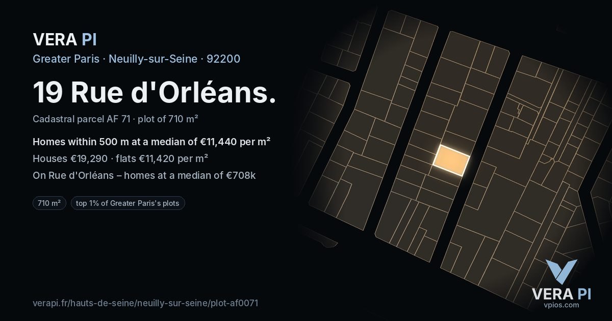19 Rue d'Orléans, Neuilly-sur-Seine at night – the plot lit, the parcels around coloured by the prices near them