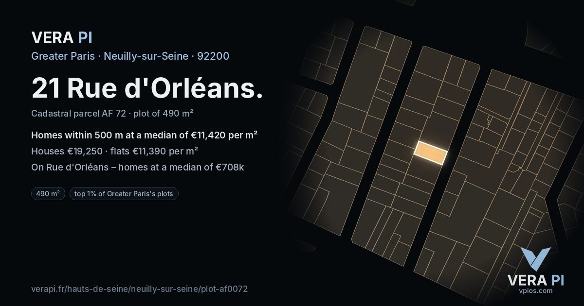 21 Rue d'Orléans, Neuilly-sur-Seine at night – the plot lit, the parcels around coloured by the prices near them