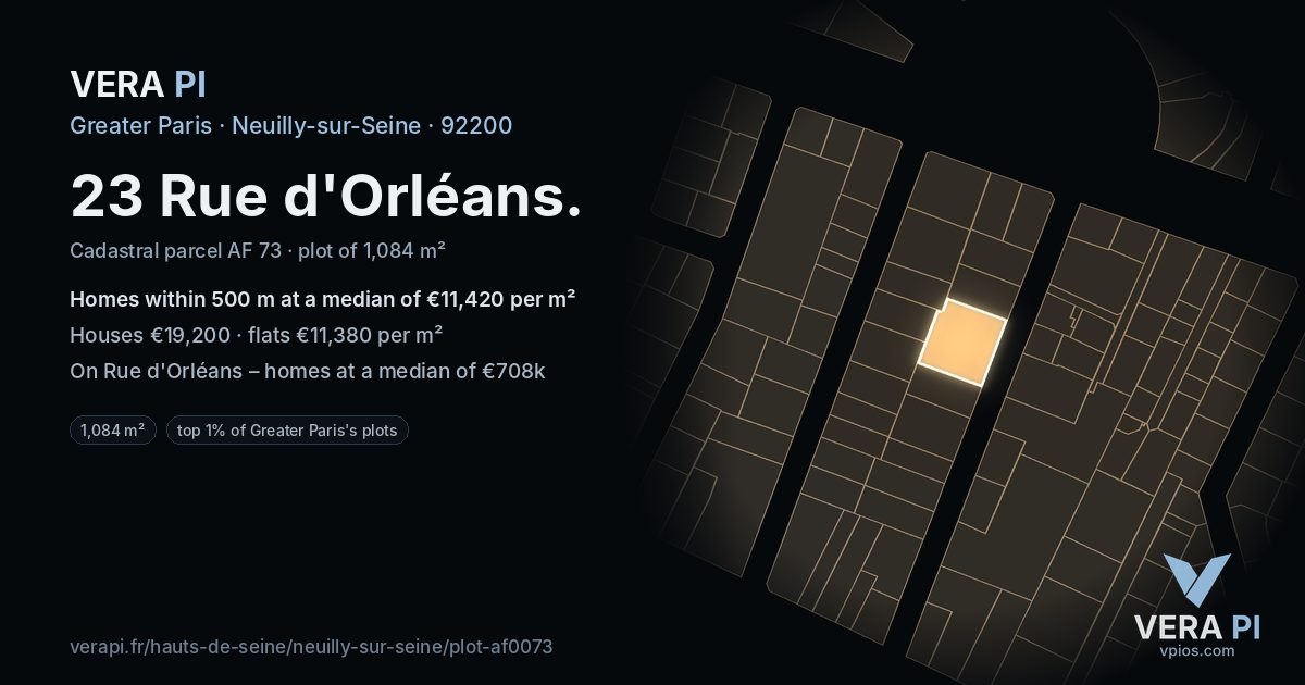 23 Rue d'Orléans, Neuilly-sur-Seine at night – the plot lit, the parcels around coloured by the prices near them