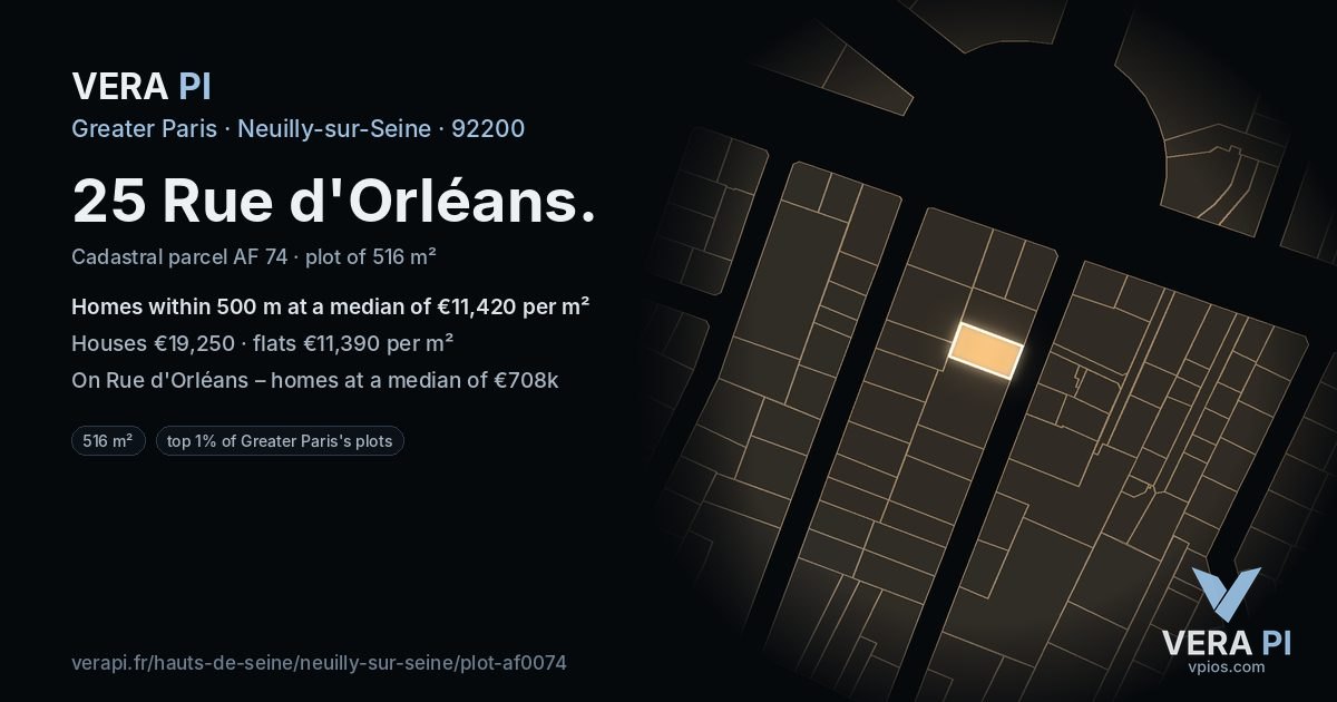 25 Rue d'Orléans, Neuilly-sur-Seine at night – the plot lit, the parcels around coloured by the prices near them