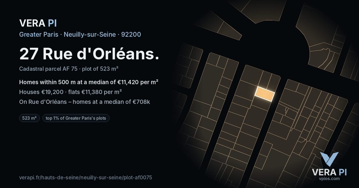 27 Rue d'Orléans, Neuilly-sur-Seine at night – the plot lit, the parcels around coloured by the prices near them