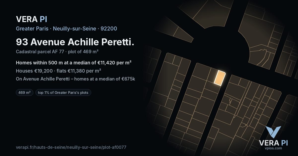 93 Avenue Achille Peretti, Neuilly-sur-Seine at night – the plot lit, the parcels around coloured by the prices near them