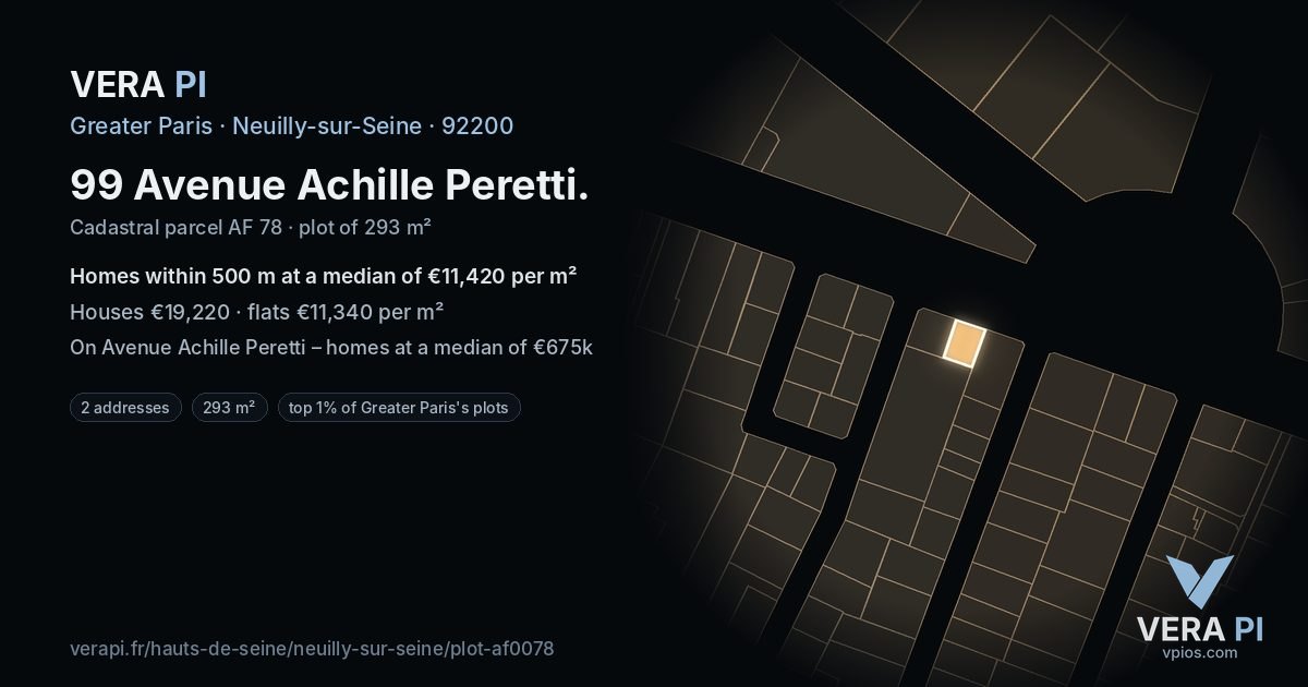 99 Avenue Achille Peretti, Neuilly-sur-Seine at night – the plot lit, the parcels around coloured by the prices near them
