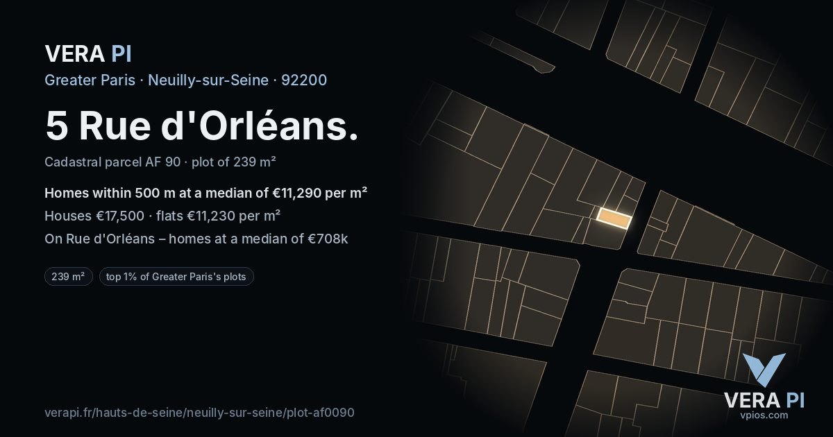 5 Rue d'Orléans, Neuilly-sur-Seine at night – the plot lit, the parcels around coloured by the prices near them