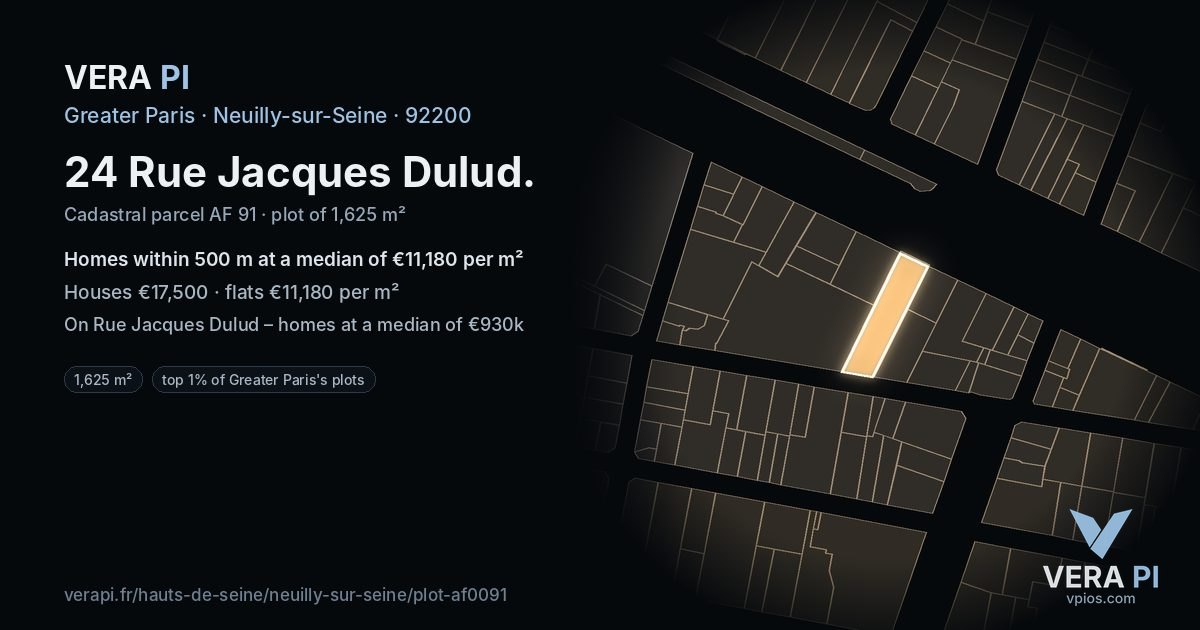 24 Rue Jacques Dulud, Neuilly-sur-Seine at night – the plot lit, the parcels around coloured by the prices near them