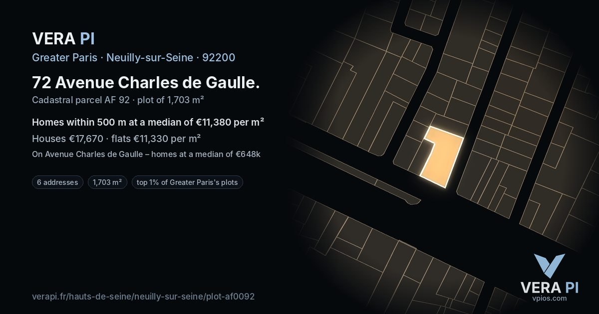 72 Avenue Charles de Gaulle, Neuilly-sur-Seine at night – the plot lit, the parcels around coloured by the prices near them