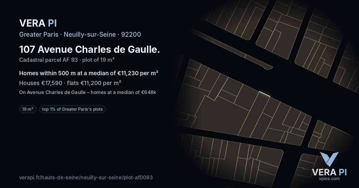 107 Avenue Charles de Gaulle, Neuilly-sur-Seine at night – the plot lit, the parcels around coloured by the prices near them
