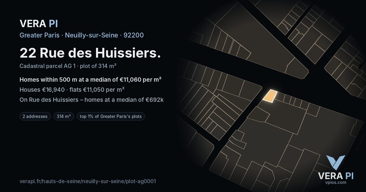 22 Rue des Huissiers, Neuilly-sur-Seine at night – the plot lit, the parcels around coloured by the prices near them