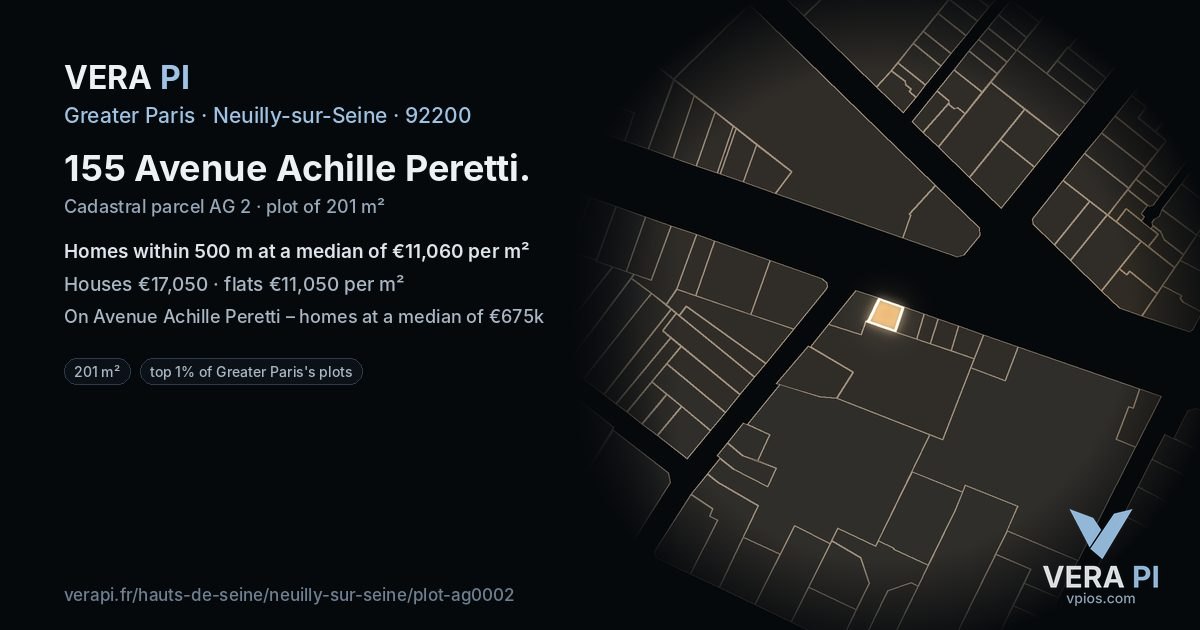 155 Avenue Achille Peretti, Neuilly-sur-Seine at night – the plot lit, the parcels around coloured by the prices near them