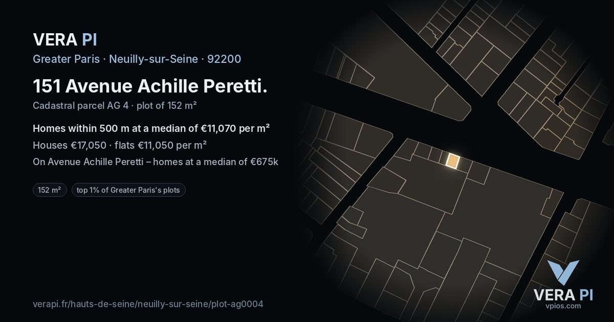 151 Avenue Achille Peretti, Neuilly-sur-Seine at night – the plot lit, the parcels around coloured by the prices near them