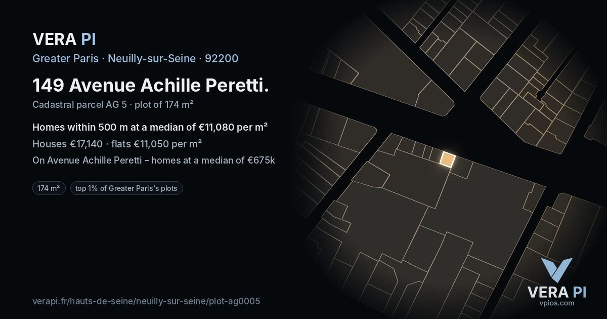 149 Avenue Achille Peretti, Neuilly-sur-Seine at night – the plot lit, the parcels around coloured by the prices near them