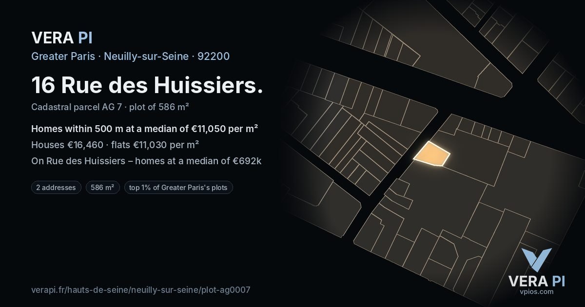 16 Rue des Huissiers, Neuilly-sur-Seine at night – the plot lit, the parcels around coloured by the prices near them