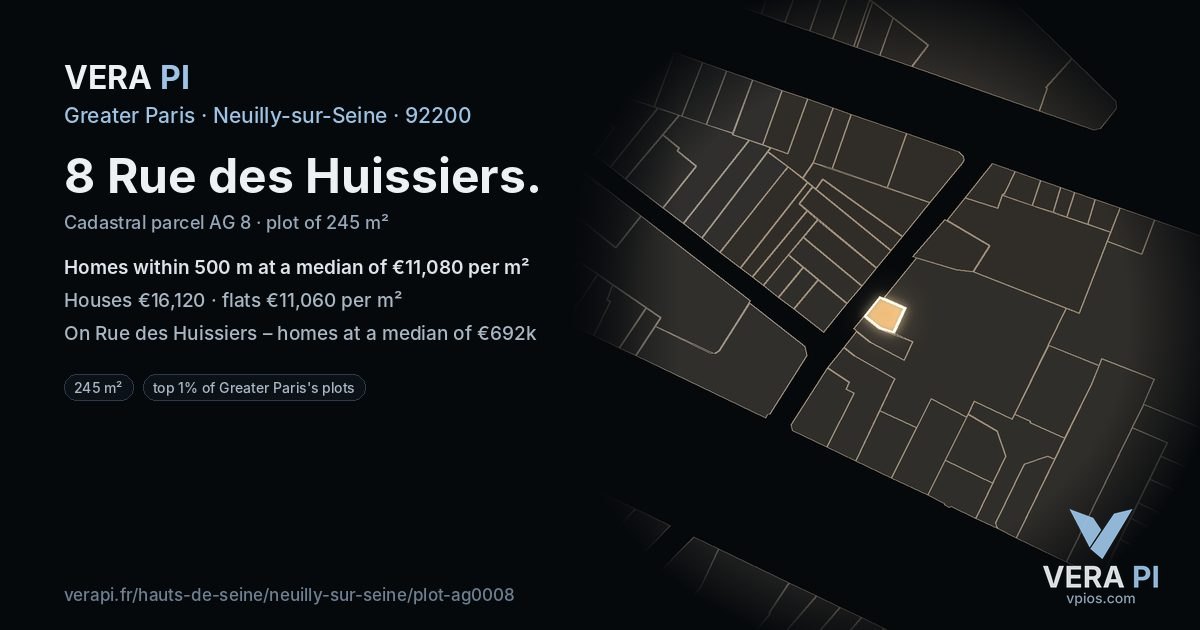 8 Rue des Huissiers, Neuilly-sur-Seine at night – the plot lit, the parcels around coloured by the prices near them