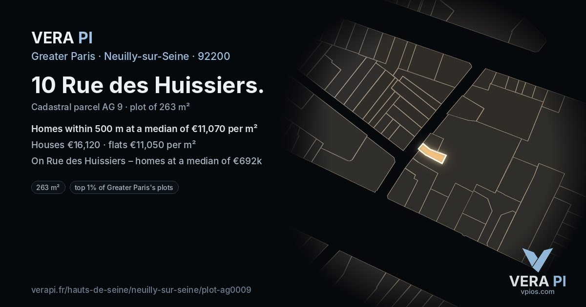 10 Rue des Huissiers, Neuilly-sur-Seine at night – the plot lit, the parcels around coloured by the prices near them