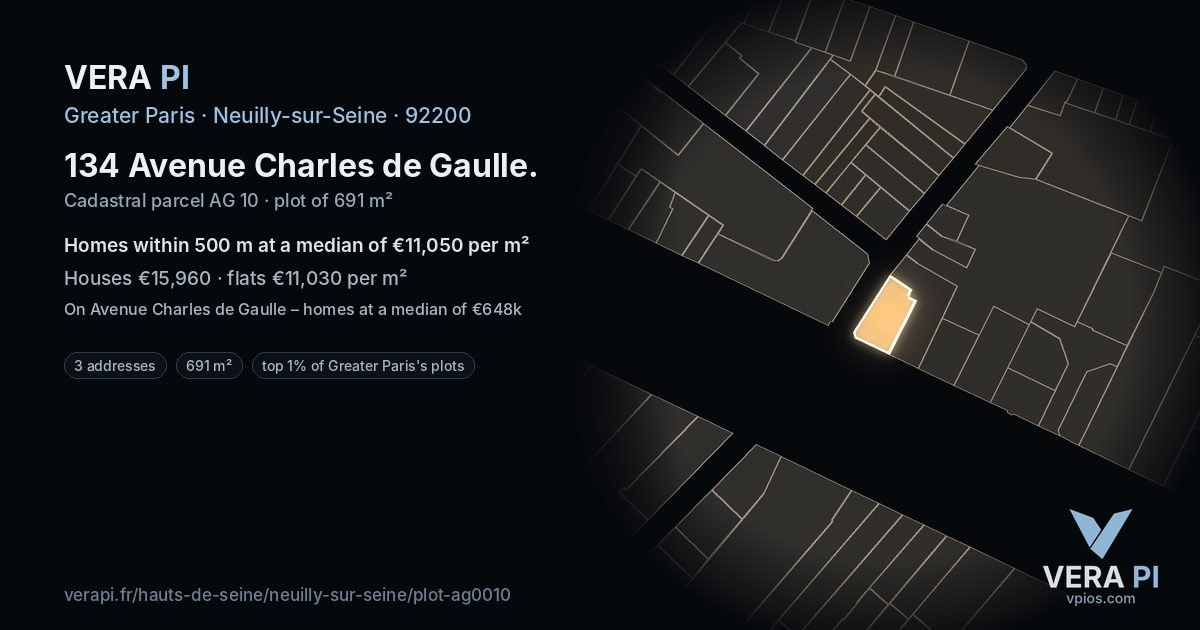 134 Avenue Charles de Gaulle, Neuilly-sur-Seine at night – the plot lit, the parcels around coloured by the prices near them