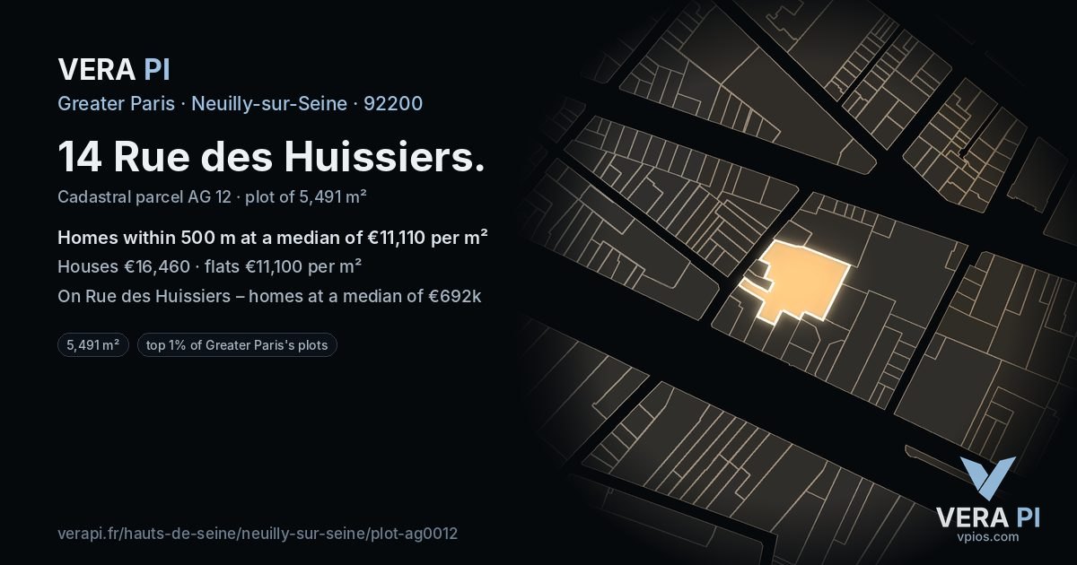 14 Rue des Huissiers, Neuilly-sur-Seine at night – the plot lit, the parcels around coloured by the prices near them