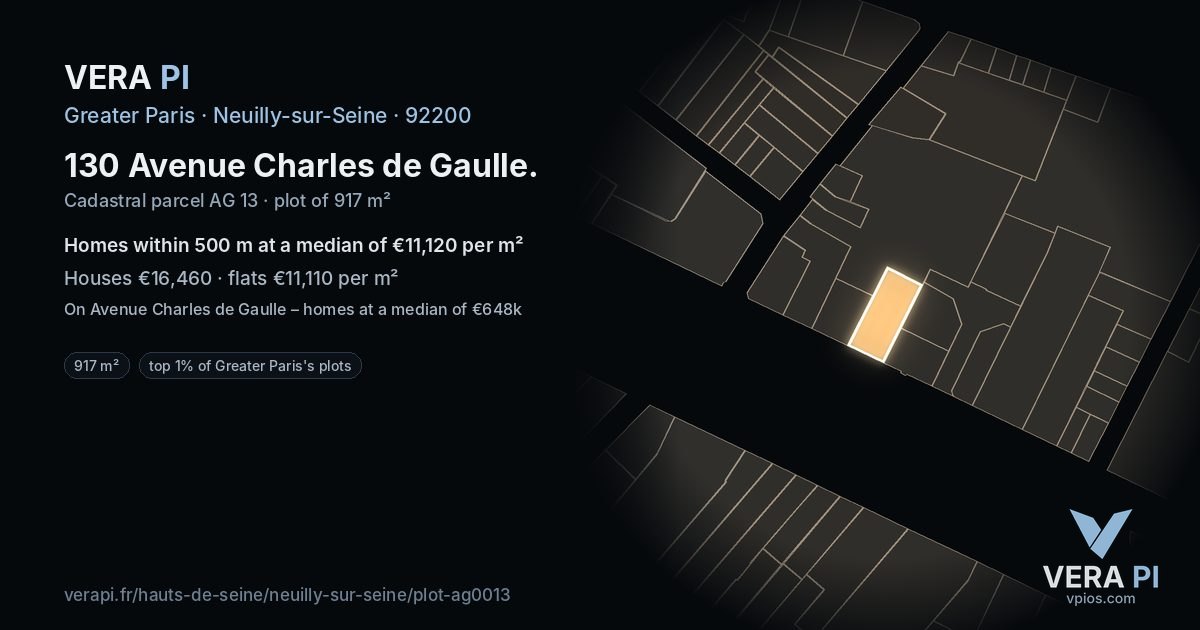 130 Avenue Charles de Gaulle, Neuilly-sur-Seine at night – the plot lit, the parcels around coloured by the prices near them