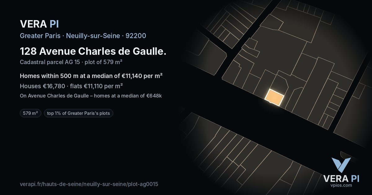128 Avenue Charles de Gaulle, Neuilly-sur-Seine at night – the plot lit, the parcels around coloured by the prices near them