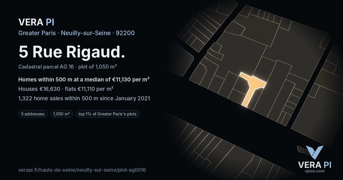5 Rue Rigaud, Neuilly-sur-Seine at night – the plot lit, the parcels around coloured by the prices near them