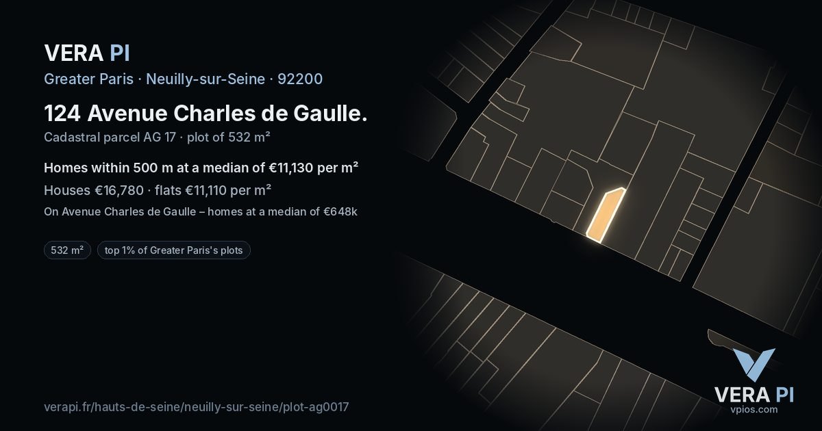 124 Avenue Charles de Gaulle, Neuilly-sur-Seine at night – the plot lit, the parcels around coloured by the prices near them