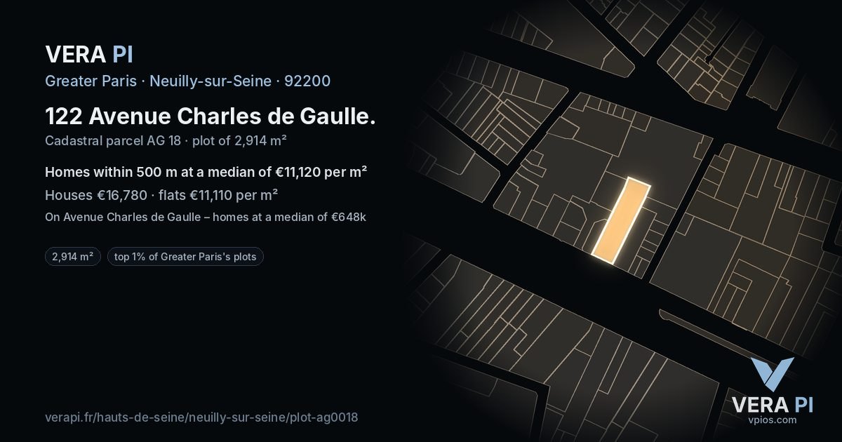 122 Avenue Charles de Gaulle, Neuilly-sur-Seine at night – the plot lit, the parcels around coloured by the prices near them