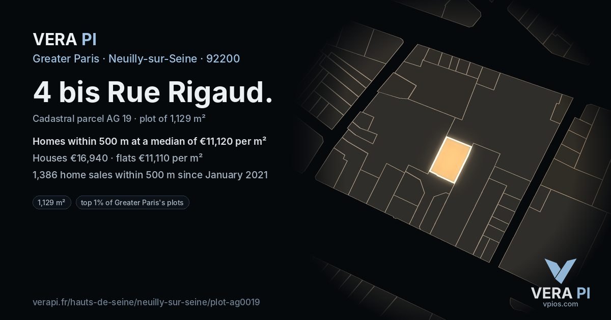 4 bis Rue Rigaud, Neuilly-sur-Seine at night – the plot lit, the parcels around coloured by the prices near them
