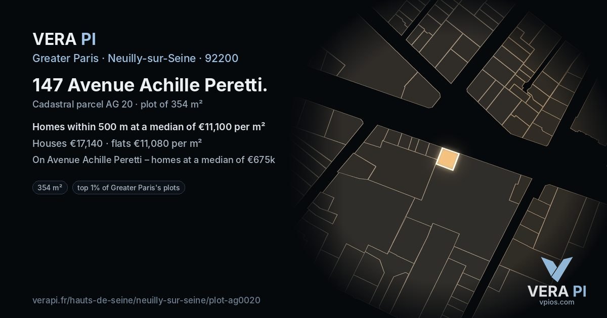 147 Avenue Achille Peretti, Neuilly-sur-Seine at night – the plot lit, the parcels around coloured by the prices near them